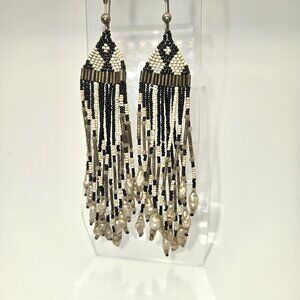 Black and White Beaded Chandelier Earrings with Pearls